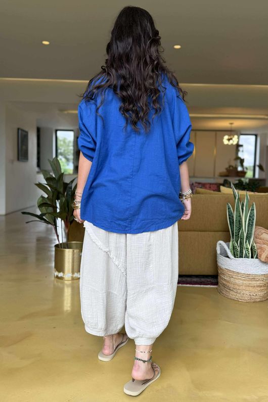 Linen Blend Quirky Top Mediterranean Blue
